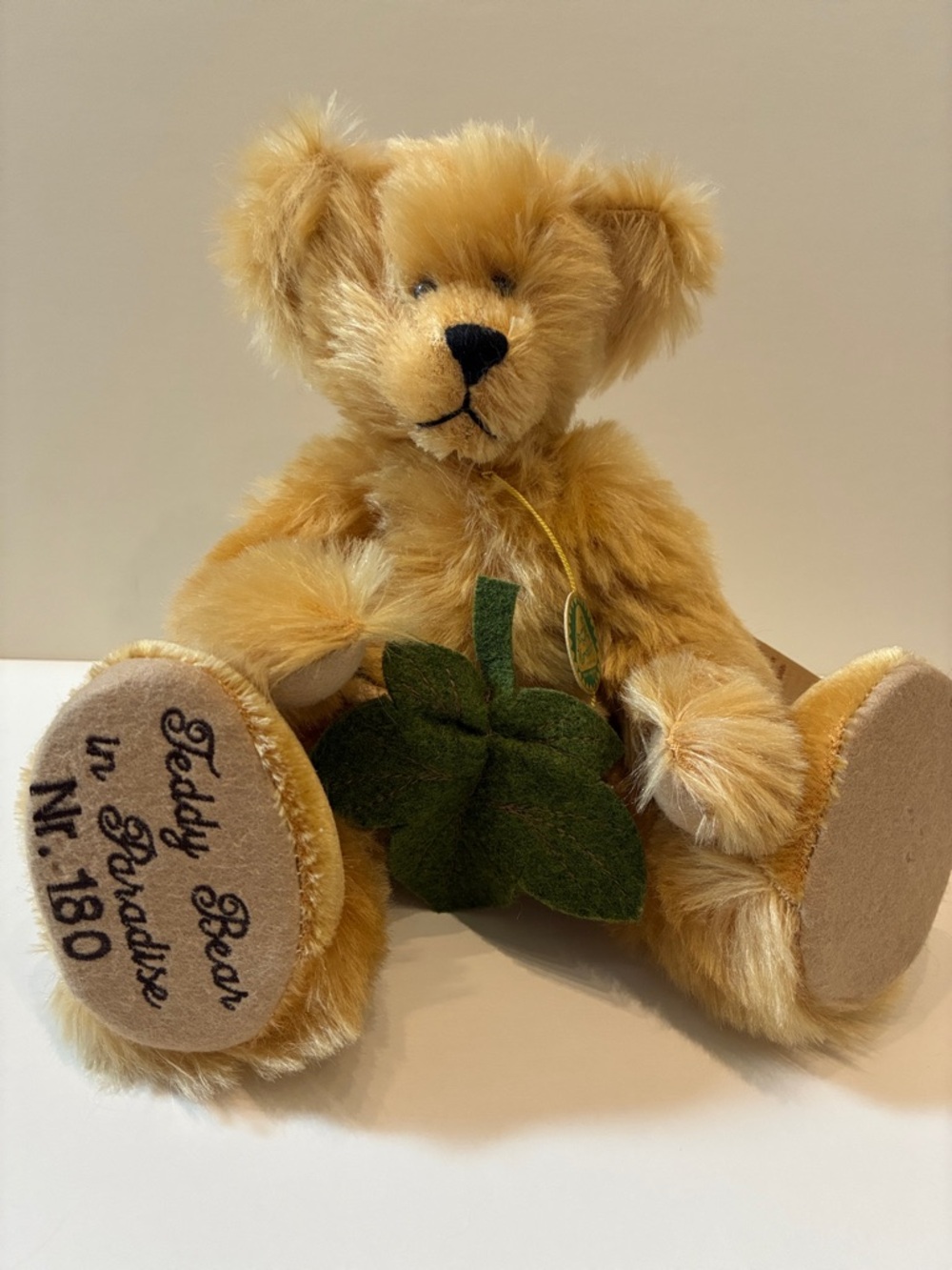 Hermann Golden Leaf Mohair Teddy Bear with Green Leaf Accessory
